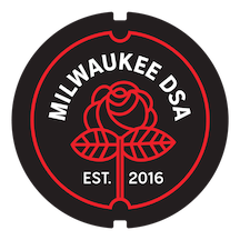 Milwaukee DSA logo with illustrated rose and abstract sewer lid, text reading "Established 2016"