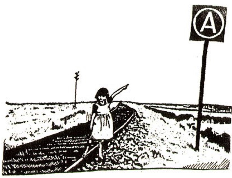 Illustration of a child standing on railroad tracks pointing to a road sign with an "A" on it.