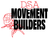 Text "DSA Movement Builders" with rose illustration in background