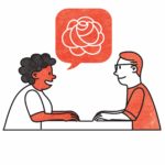 Illustration of two people discussing socialism over a table.