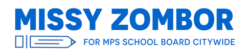 Text "Missy Zombor for MPS School Board" with illustration of pencil